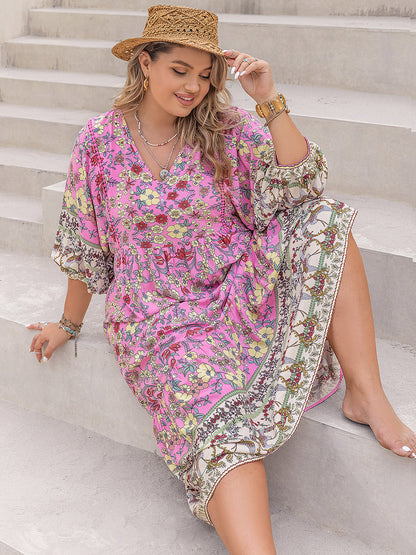 Floral V-Neck Balloon Sleeve Midi Dress