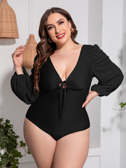 Tied Deep V Balloon Sleeve One-Piece Swimsuit