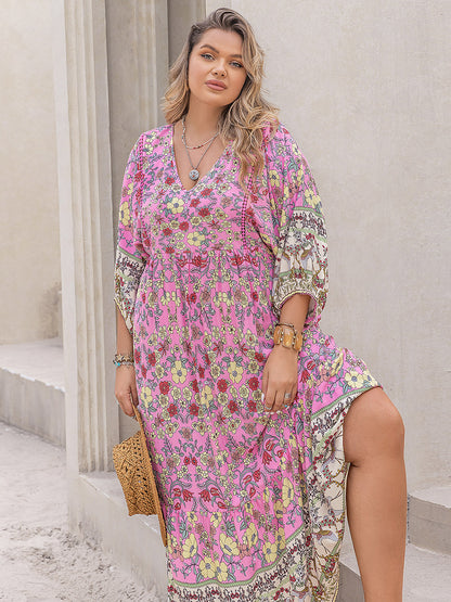 Floral V-Neck Balloon Sleeve Midi Dress