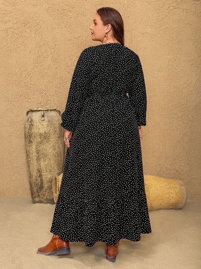 Embroidered Polka Dot Notched Long Sleeve Dress