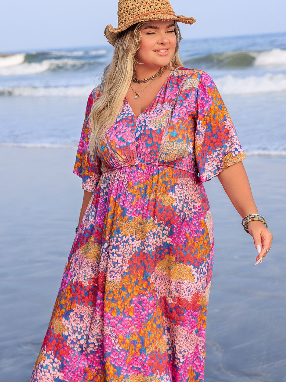 Slit Printed Half Sleeve Dress