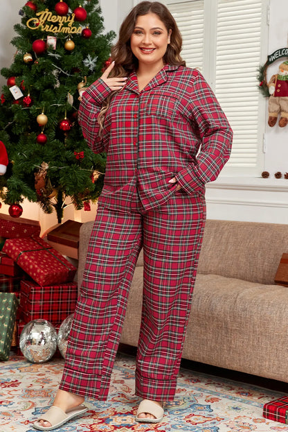 Plaid Collared Neck Top and Pants Lounge Set