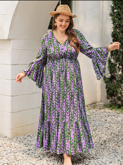 Printed V-Neck Long Sleeve Maxi Dress