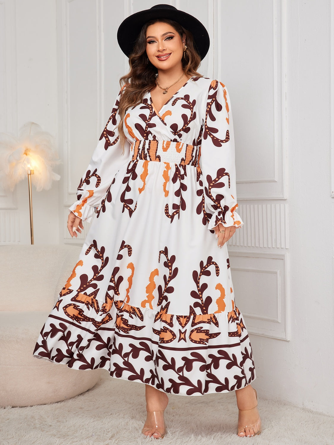 Honey Printed Surplice Flounce Sleeve Dress