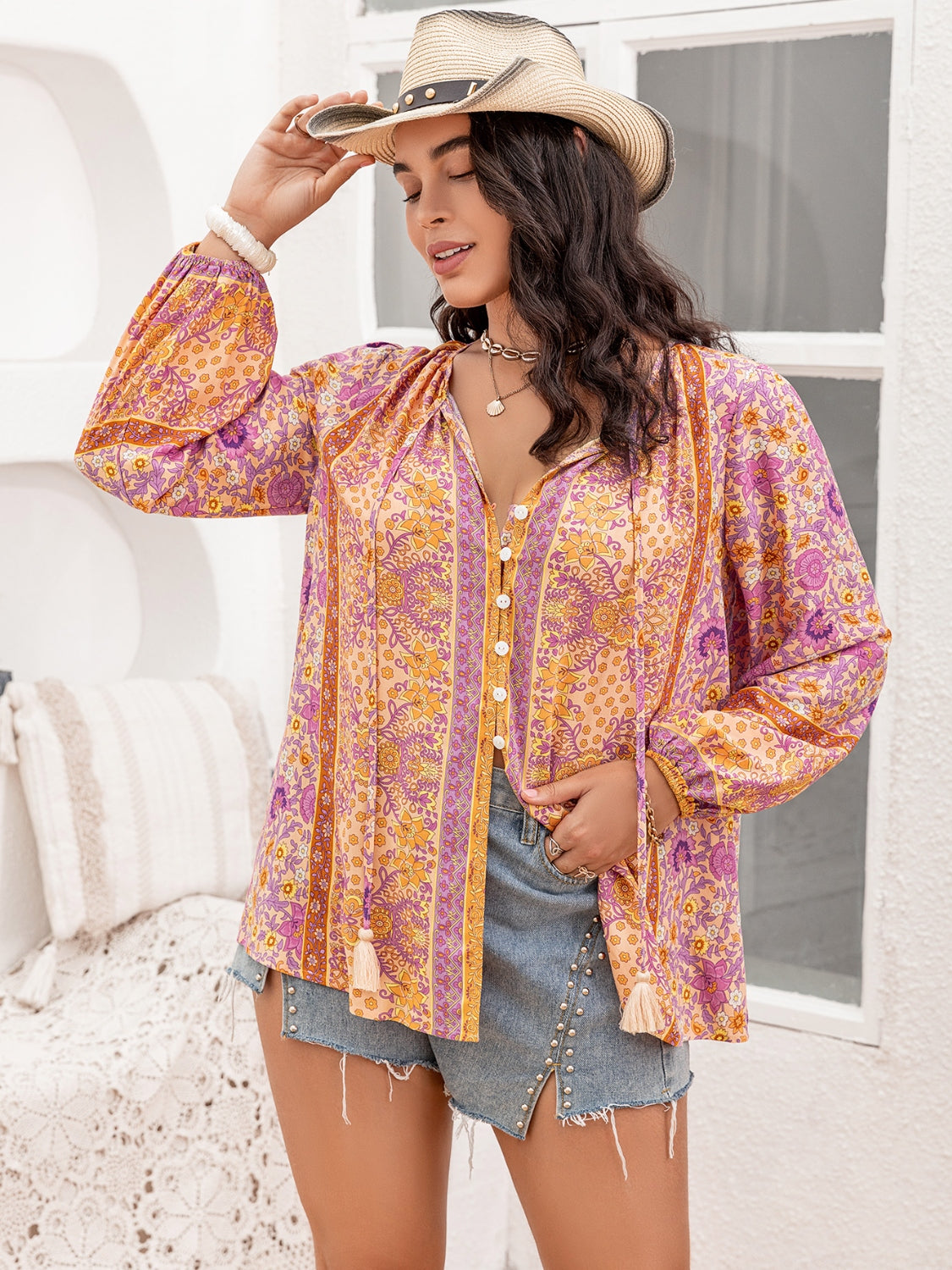 Tie Neck Tassel Printed Blouse