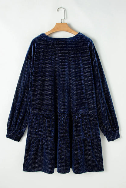 Textured Velvet Decorative Button Long Sleeve Dress