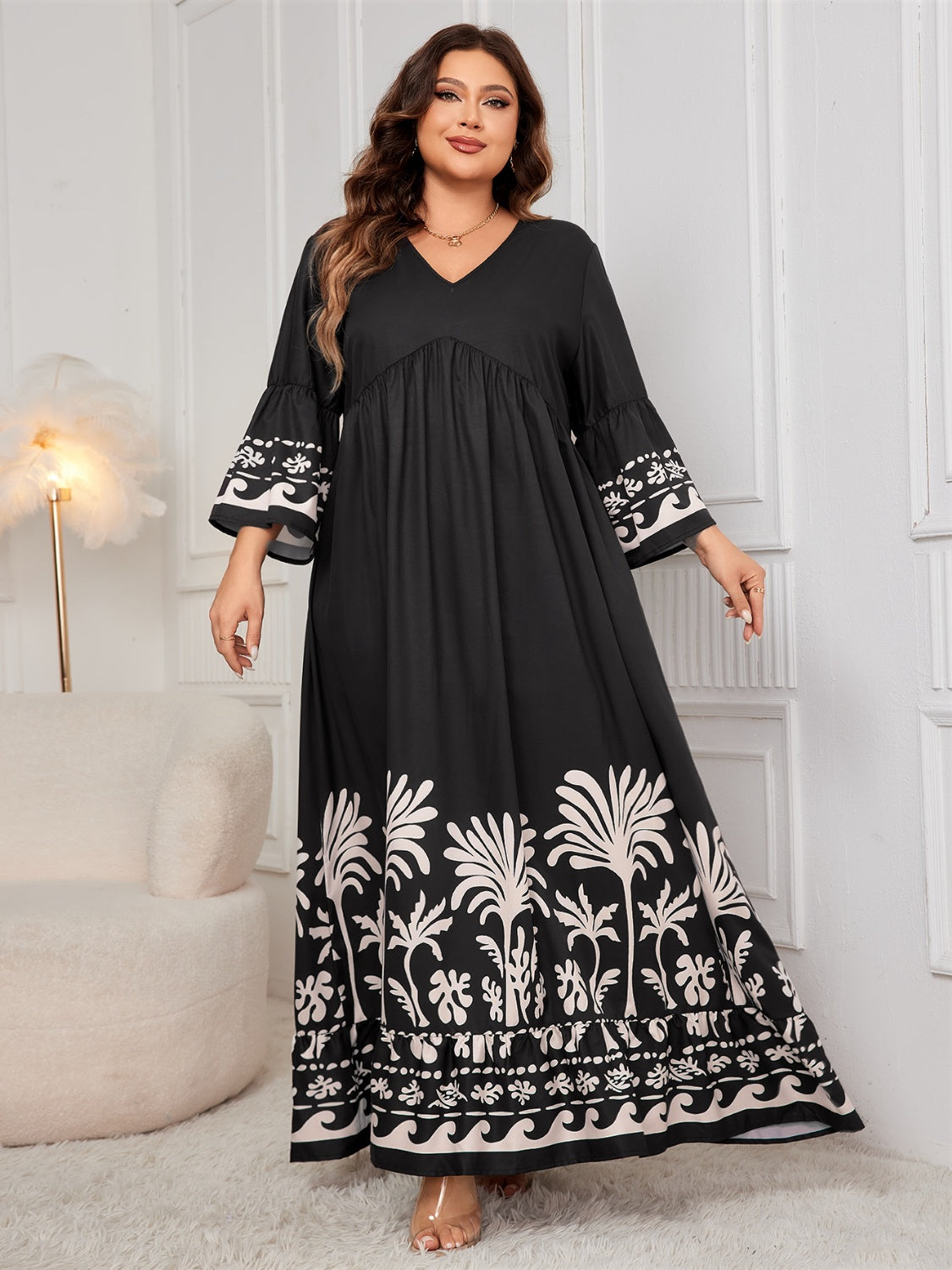 Honey Printed V-Neck Long Sleeve Maxi Dress