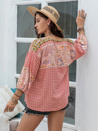 Printed Tie Neck Balloon Sleeve Blouse