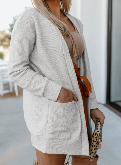 Ribbed Open Front Long Sleeve Cardigan with Pockets