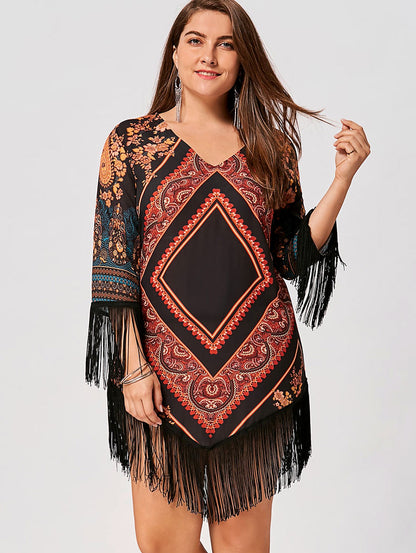 Tribal Printed Chiffon Tassel Dress