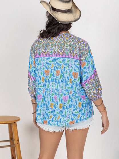 Printed Tie Neck Balloon Sleeve Blouse