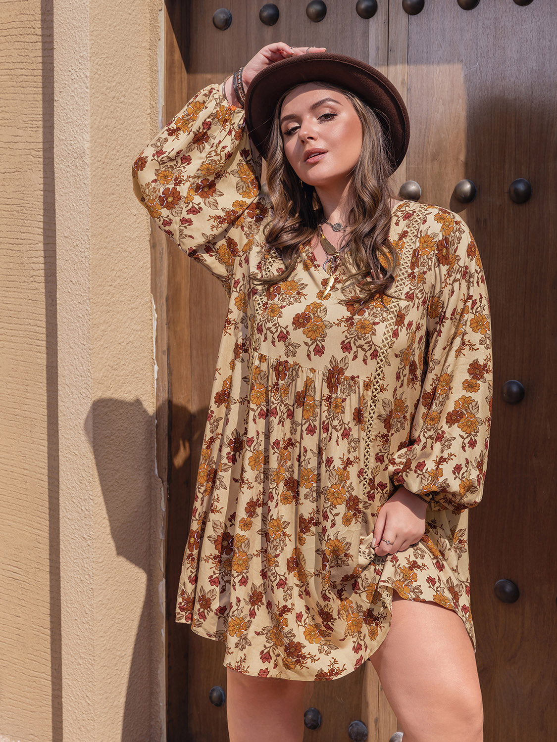 Printed V-Neck Balloon Sleeve Mini Dress