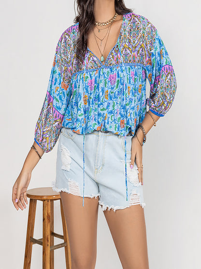 Printed Tie Neck Balloon Sleeve Blouse