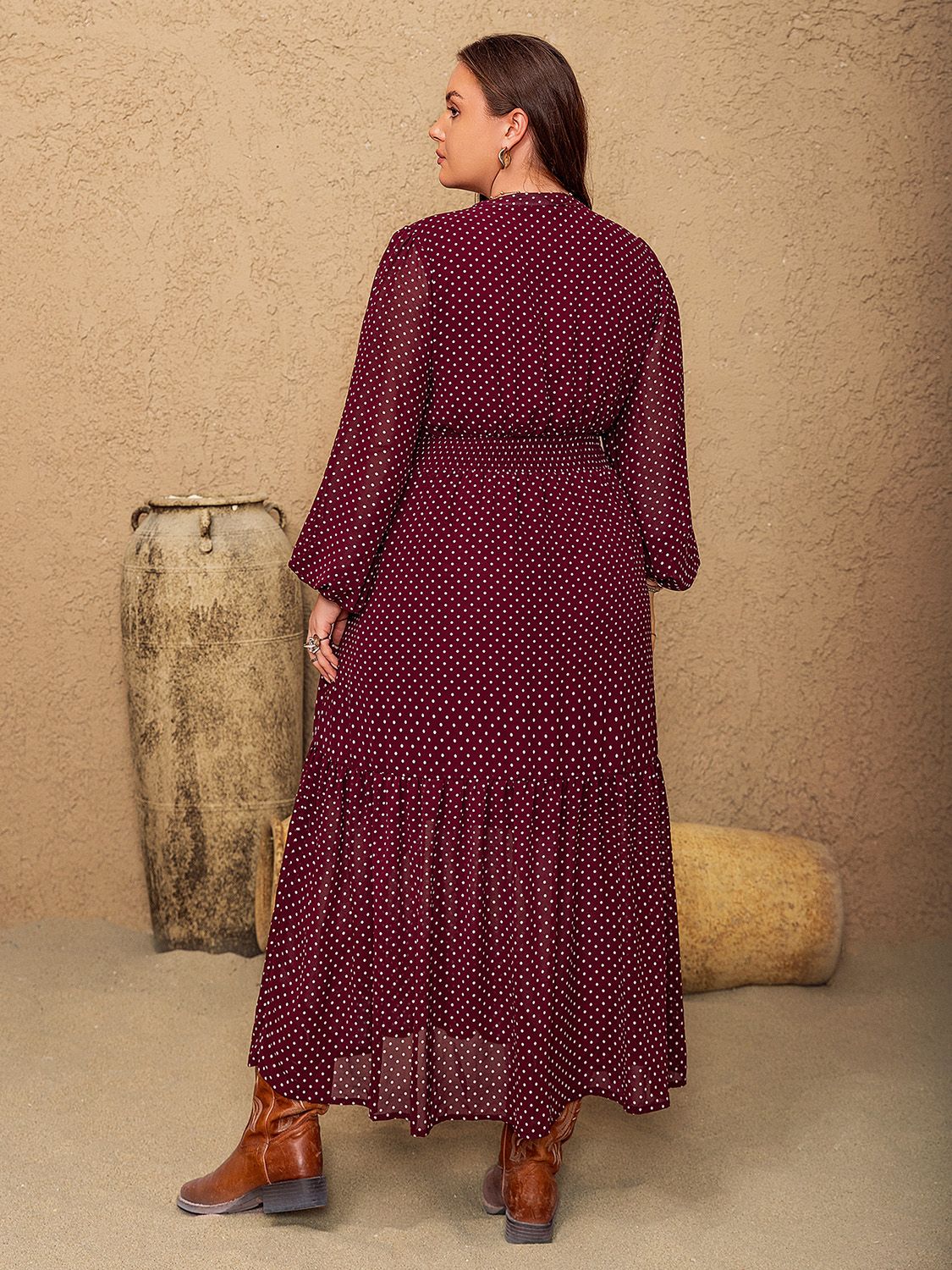 Embroidered Polka Dot Tie Neck Long Sleeve Midi Dress