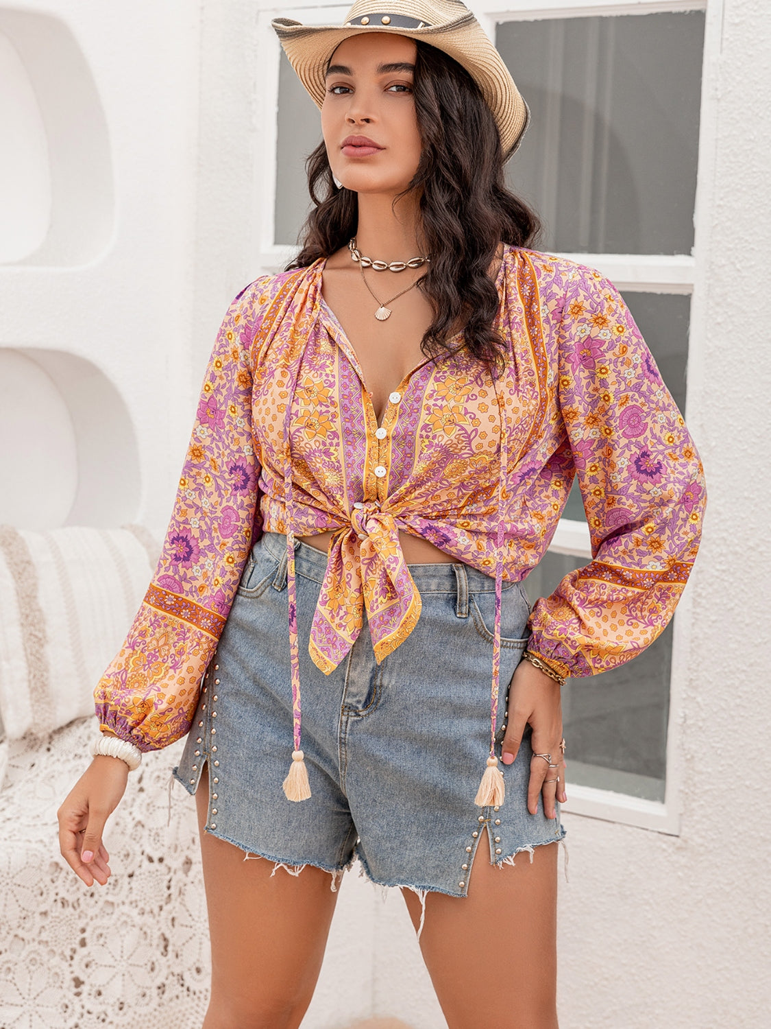 Tie Neck Tassel Printed Blouse