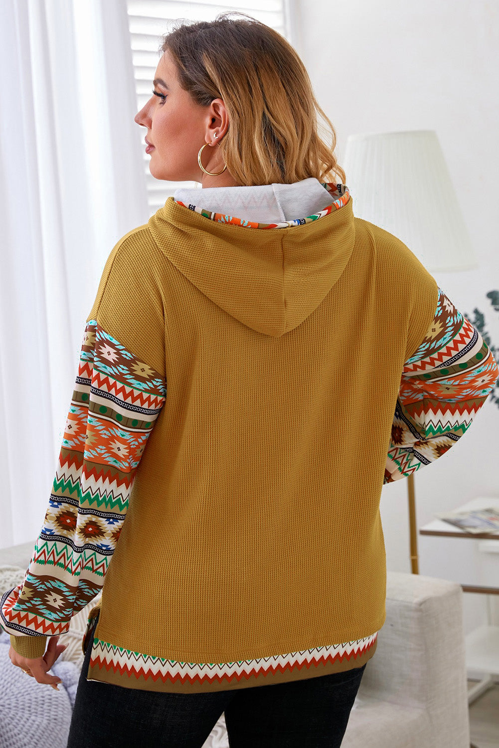 Waffle-Knit Geometric Dropped Shoulder Hoodie