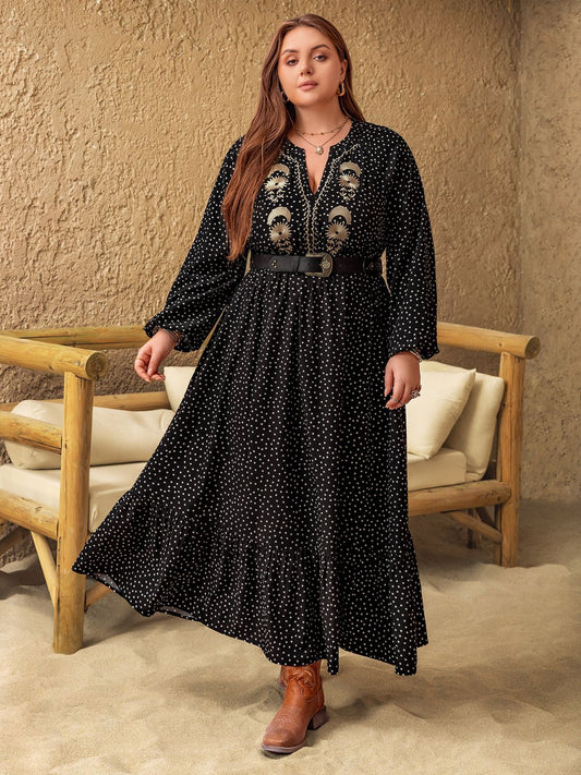 Embroidered Polka Dot Notched Long Sleeve Dress