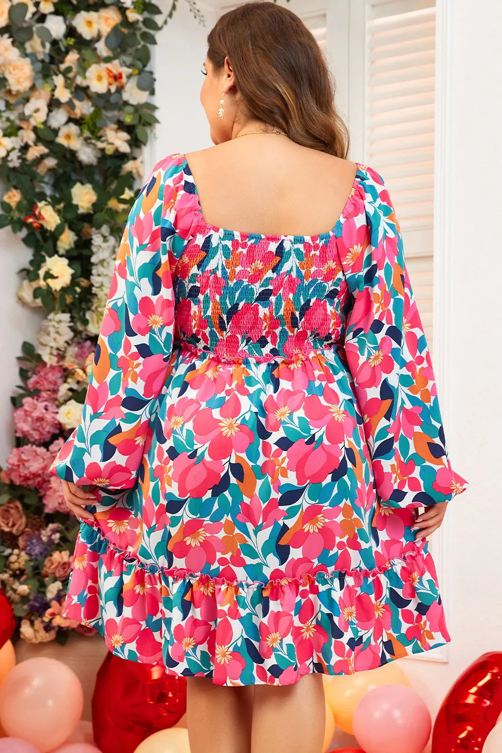 Smocked Floral Square Neck Balloon Sleeve Dress