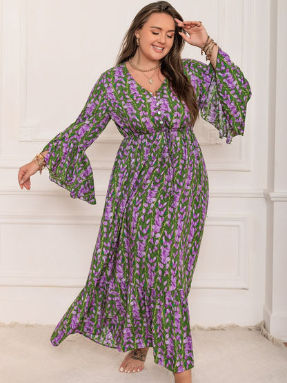 Printed V-Neck Long Sleeve Maxi Dress