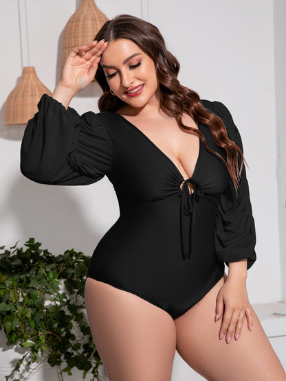 Tied Deep V Balloon Sleeve One-Piece Swimsuit