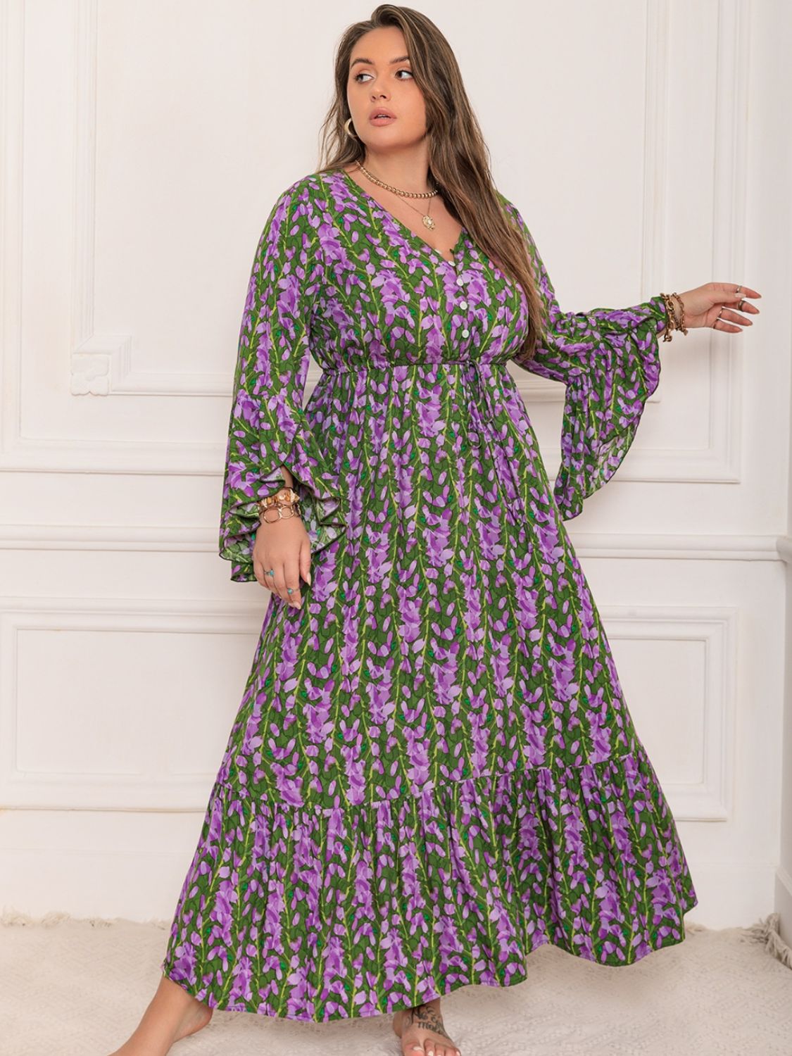 Printed V-Neck Long Sleeve Maxi Dress