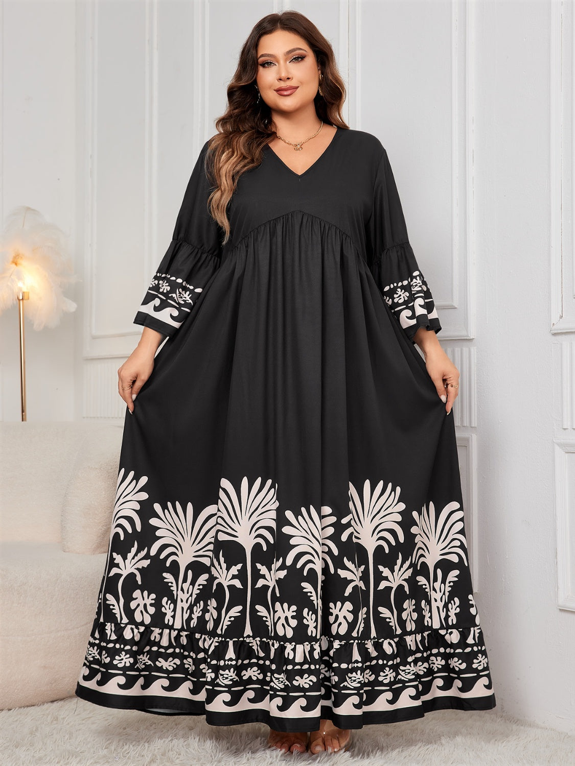 Honey Printed V-Neck Long Sleeve Maxi Dress