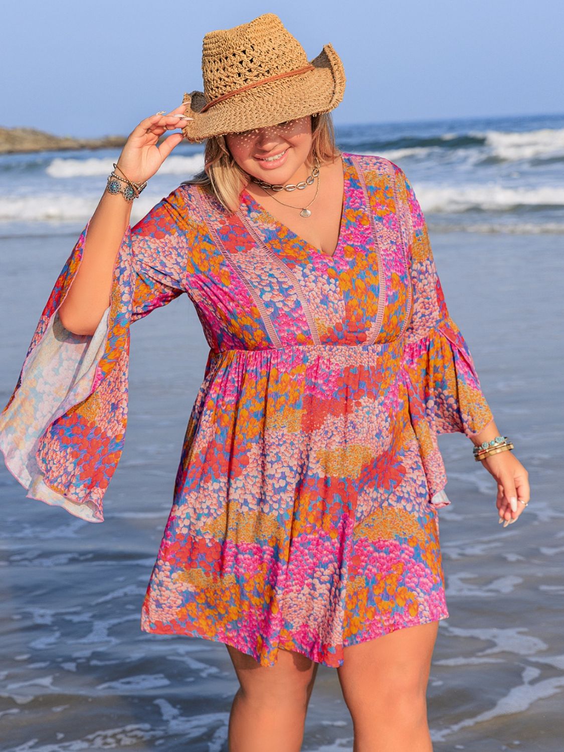 Ruched Printed Long Sleeve Dress