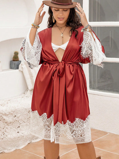 Lace Patchwork Tie Front Robe