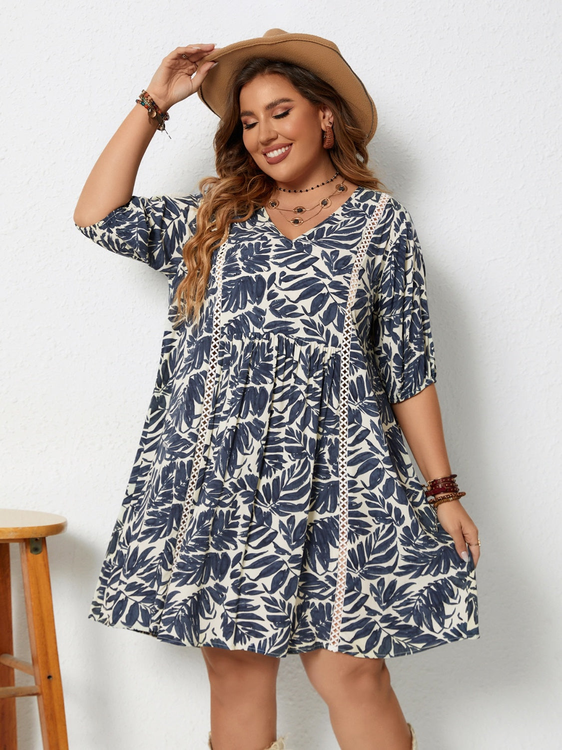 Printed V-Neck Half Sleeve Mini Dress