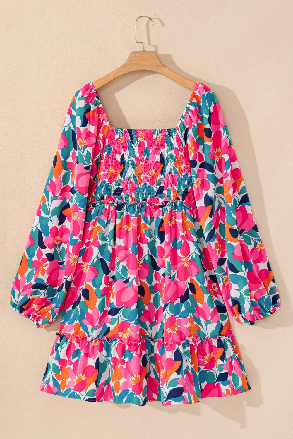 Smocked Floral Square Neck Balloon Sleeve Dress