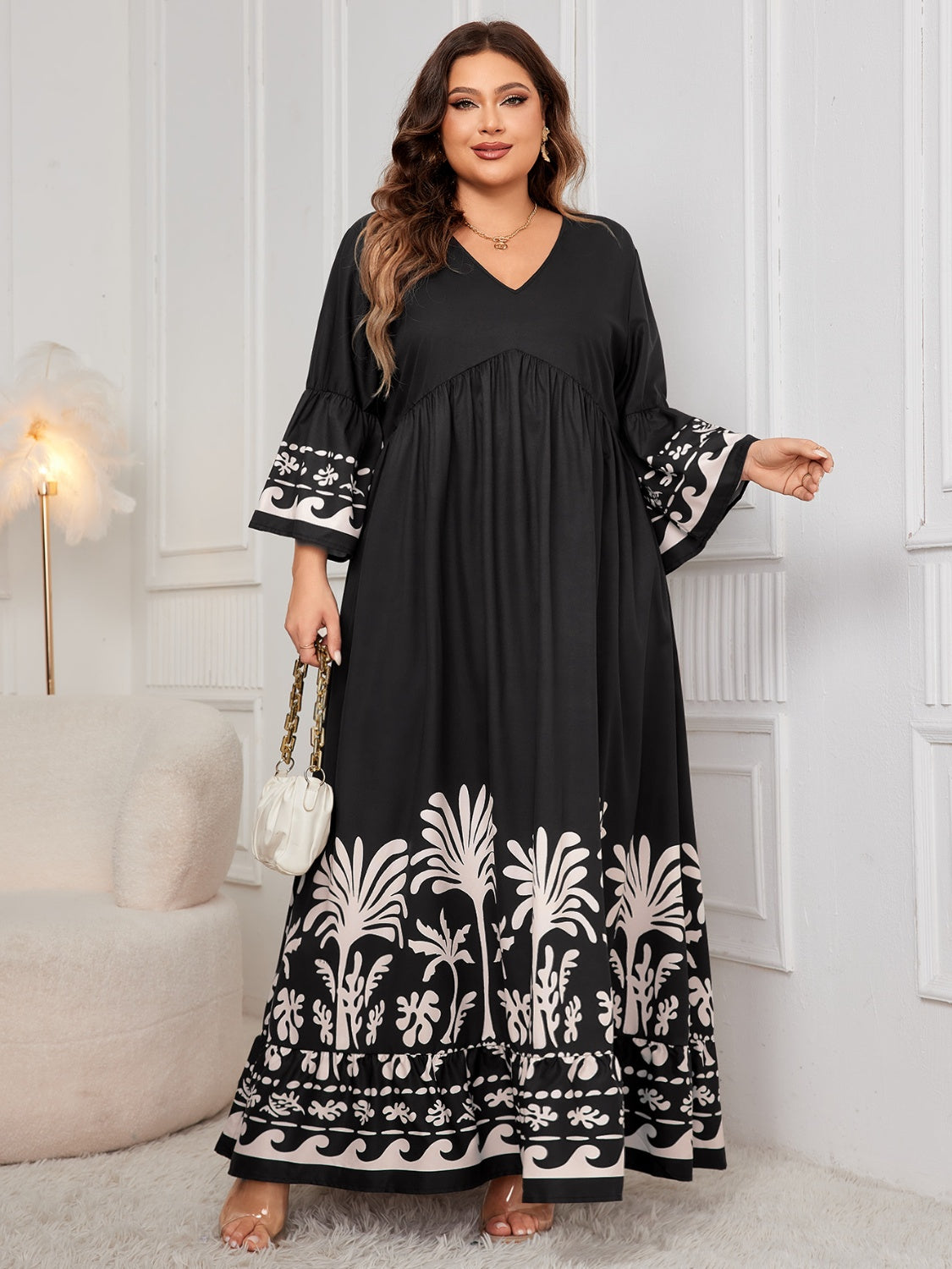 Honey Printed V-Neck Long Sleeve Maxi Dress