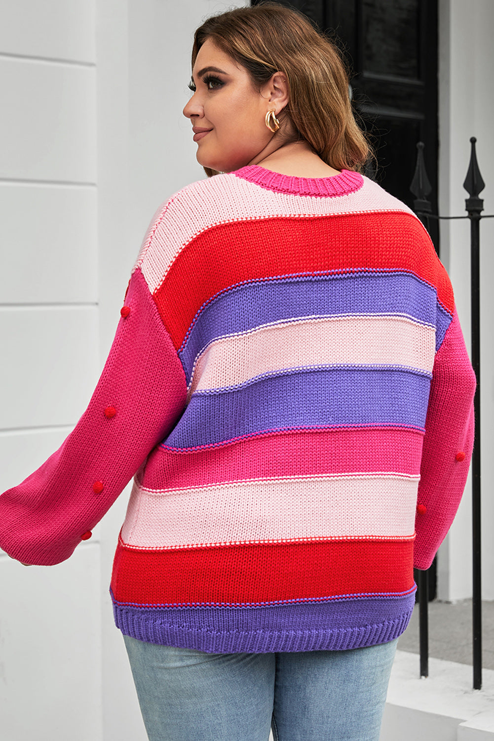 Color Block Pom-Pom Trim Sweater