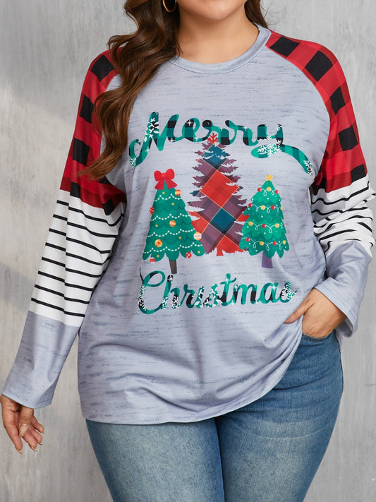 Christmas Tree Plaid Round Neck Long Sleeve T-Shirt