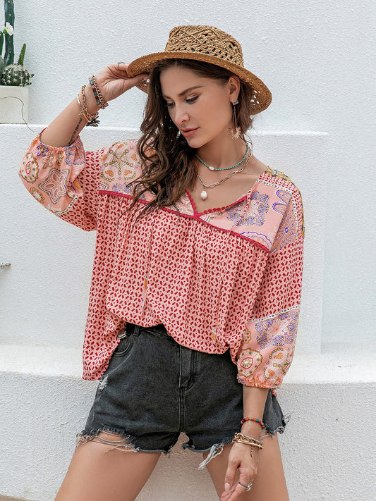 Printed Tie Neck Balloon Sleeve Blouse