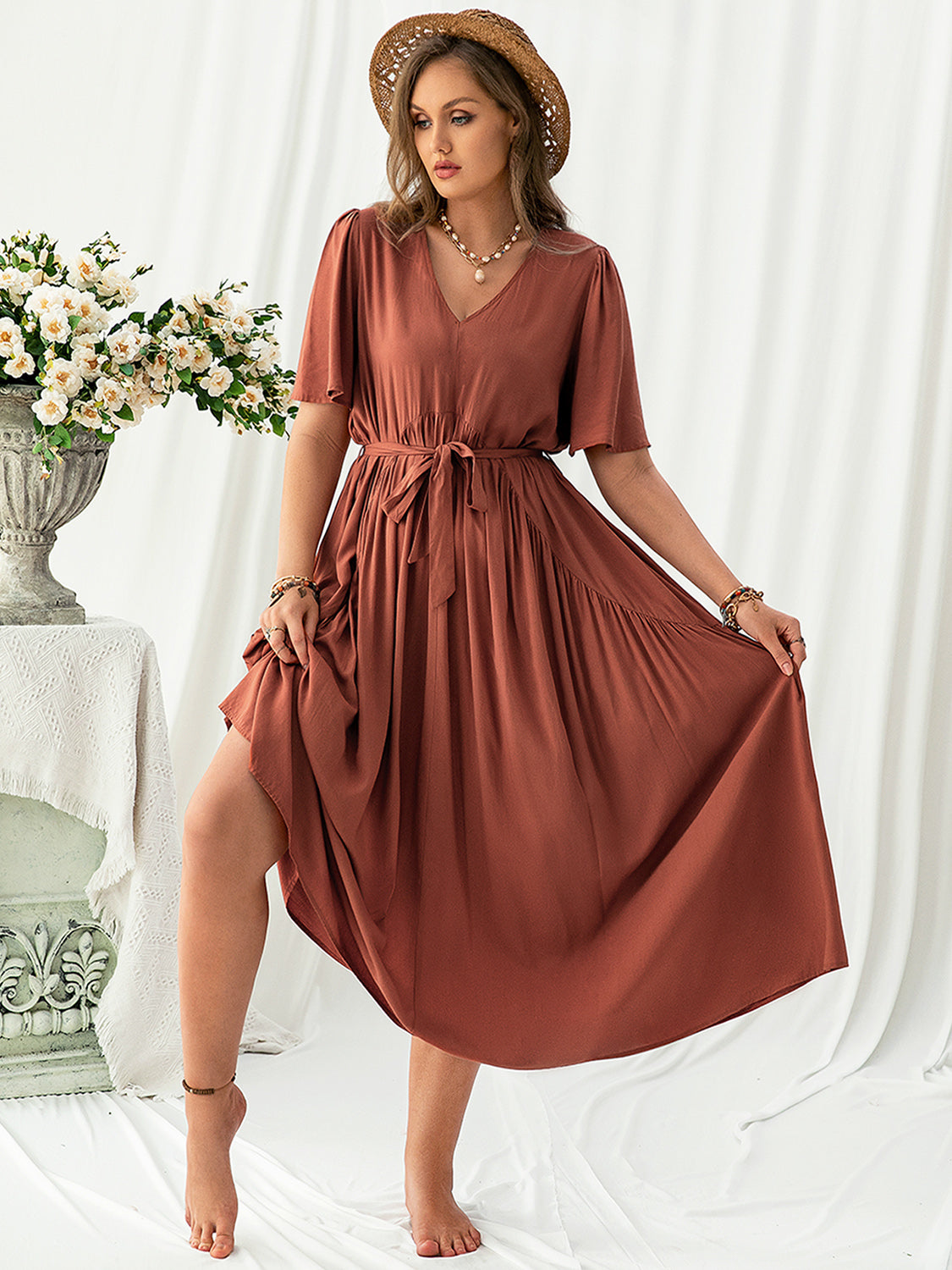 V-Neck Flutter Sleeve Midi Dress