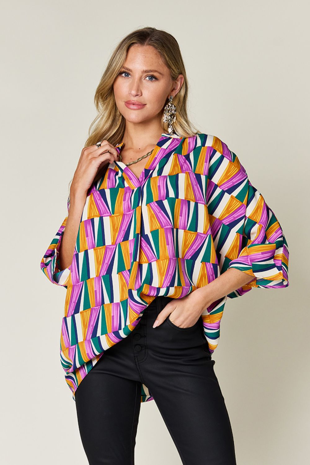 Double Take Full Size Geometric Notched Dolman Sleeve Top