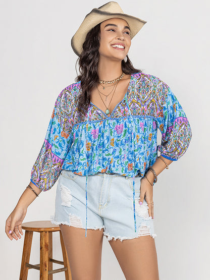 Printed Tie Neck Balloon Sleeve Blouse