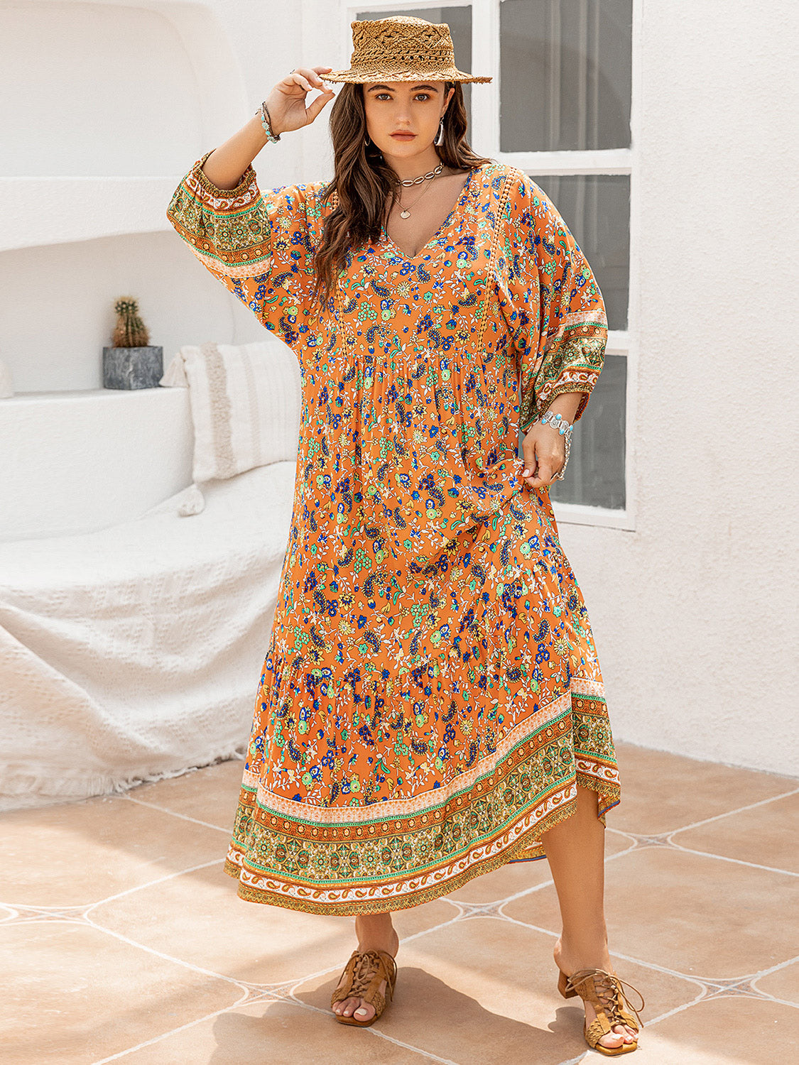 Floral V-Neck Balloon Sleeve Midi Dress