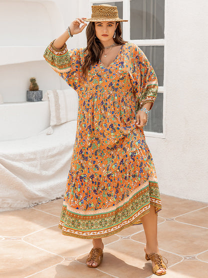 Floral V-Neck Balloon Sleeve Midi Dress