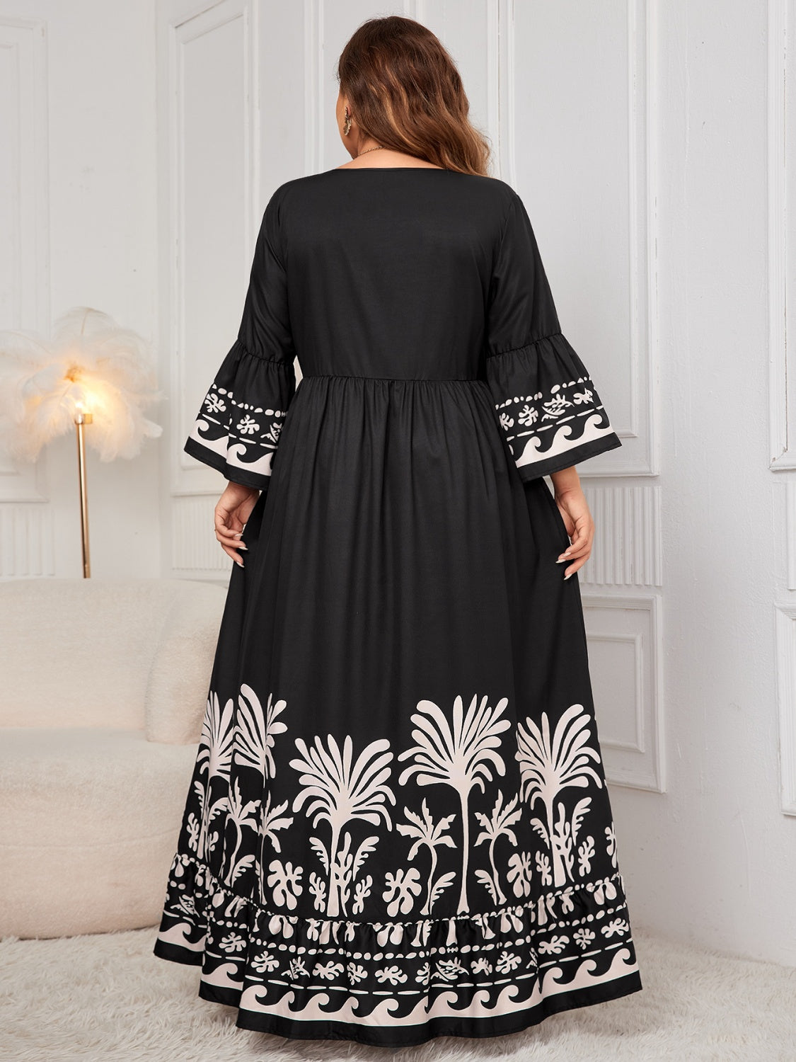 Honey Printed V-Neck Long Sleeve Maxi Dress