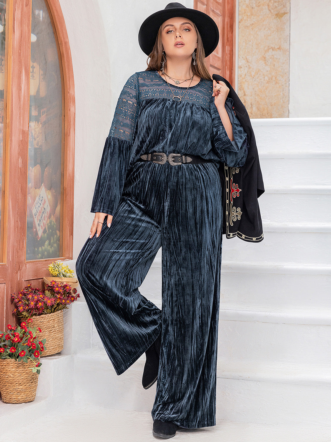 Round Neck Flare Sleeve Top and Pants Set