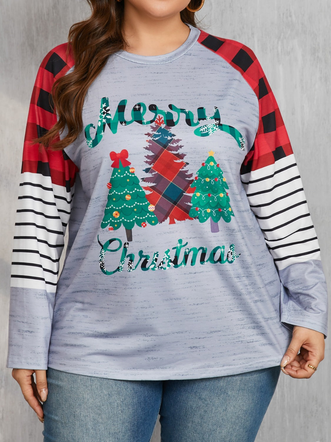 Christmas Tree Plaid Round Neck Long Sleeve T-Shirt