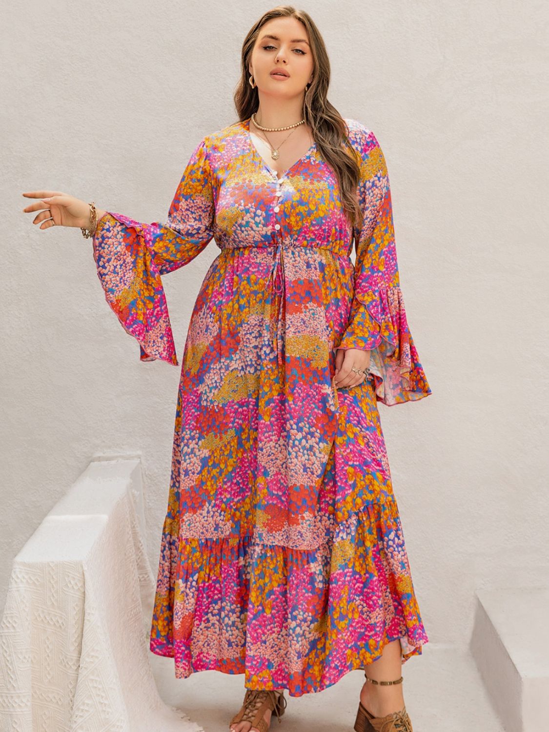 Printed V-Neck Long Sleeve Maxi Dress