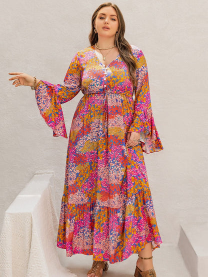 Printed V-Neck Long Sleeve Maxi Dress