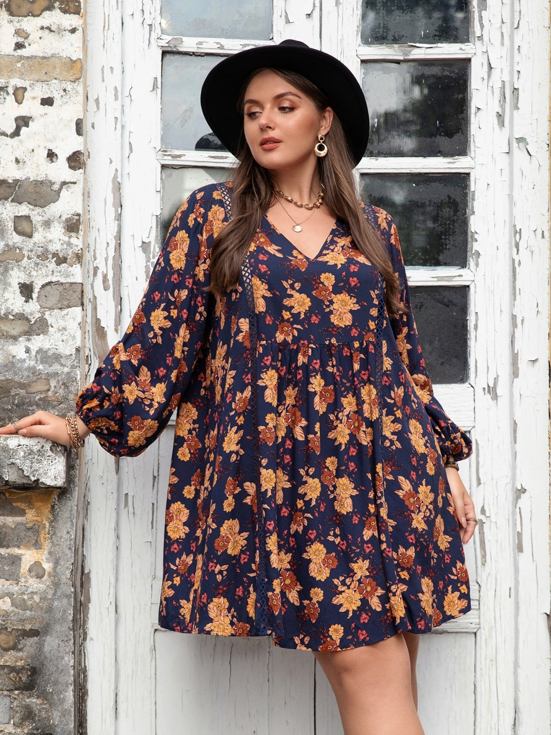 Floral V-Neck Balloon Sleeve Dress