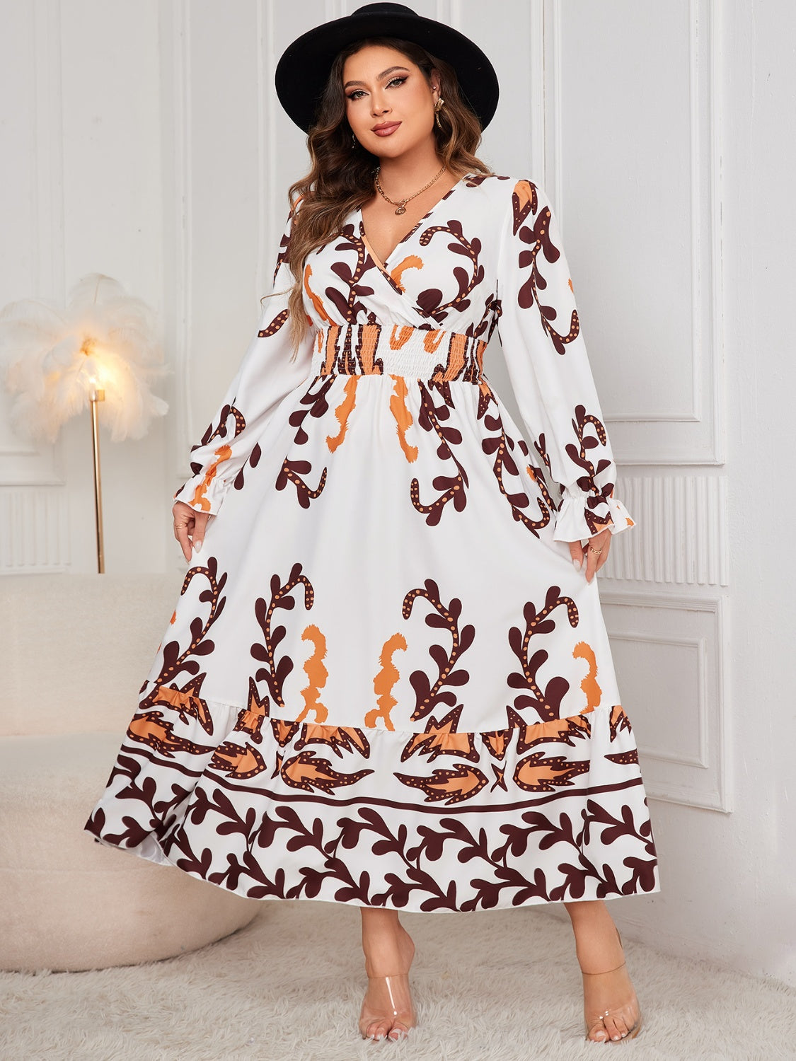 Honey Printed Surplice Flounce Sleeve Dress