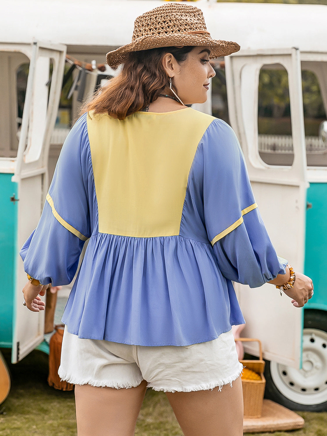 Ruched Tie Neck Balloon Sleeve Blouse