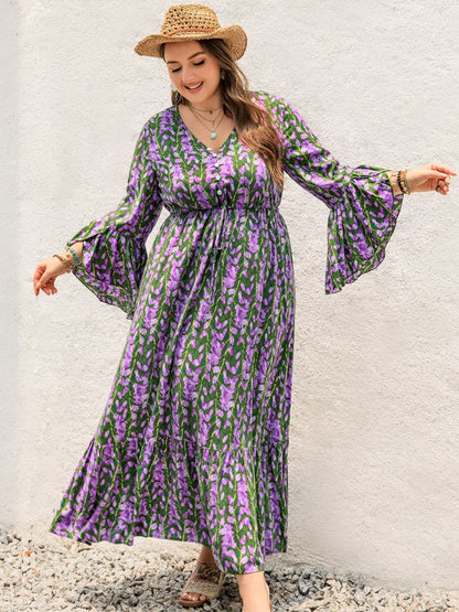 Printed V-Neck Long Sleeve Maxi Dress