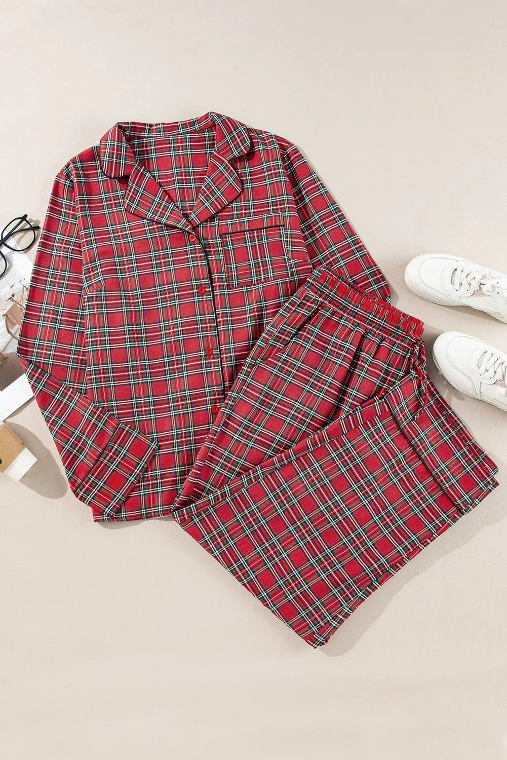 Plaid Collared Neck Top and Pants Lounge Set