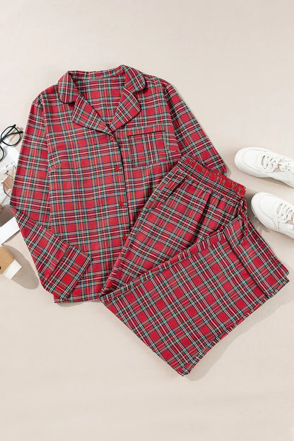 Plaid Collared Neck Top and Pants Lounge Set